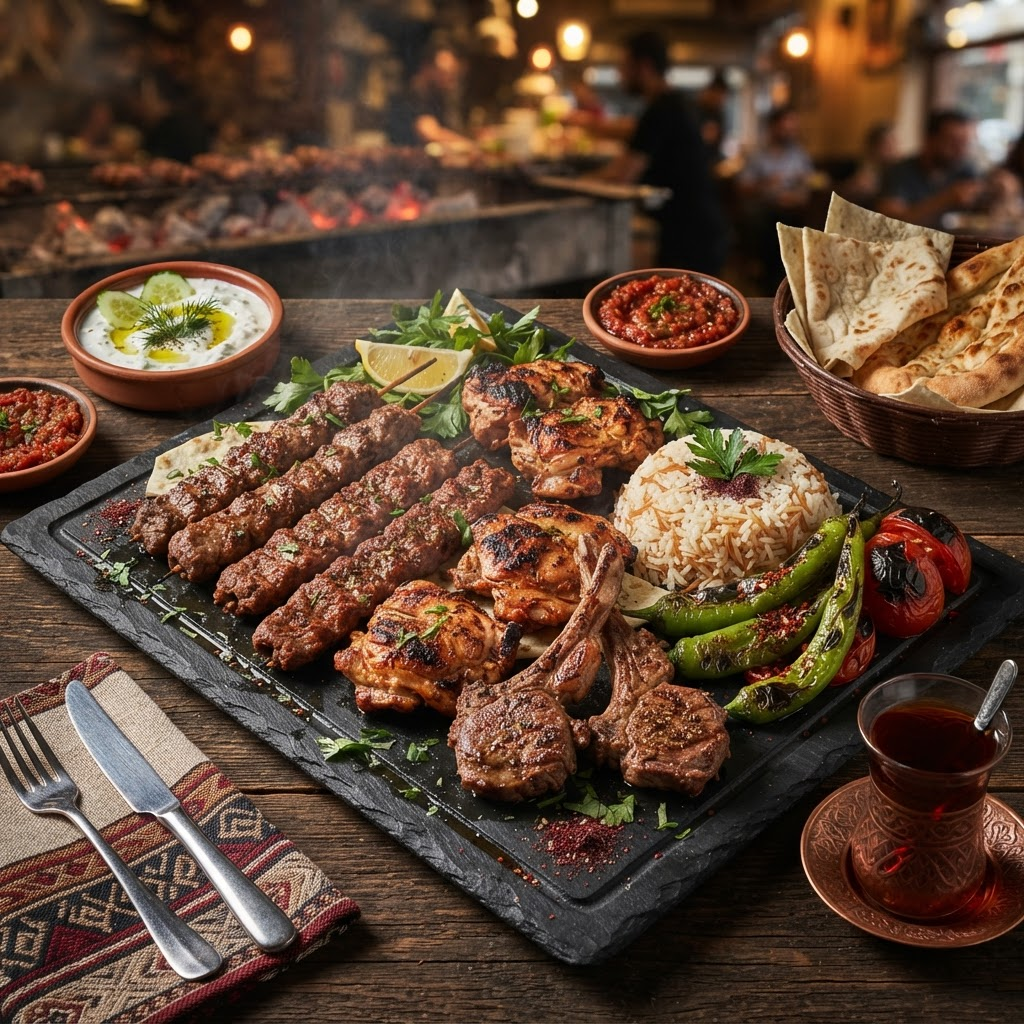 Gemischter Grillteller mit Lammspieß, Kebab und Hähnchen