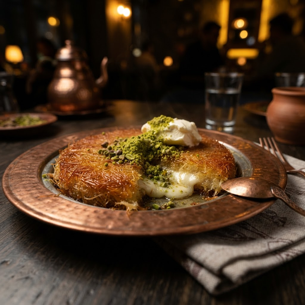 Warm serviertes Künefe mit Pistazien und geschmolzenem Käse