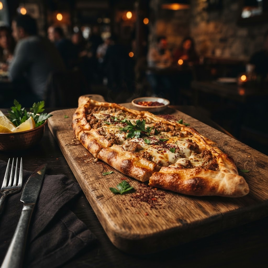 Frisch gebackenes Pide mit Käse und Hackfleisch